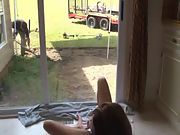Wild housewife masturbates while watching gardener working